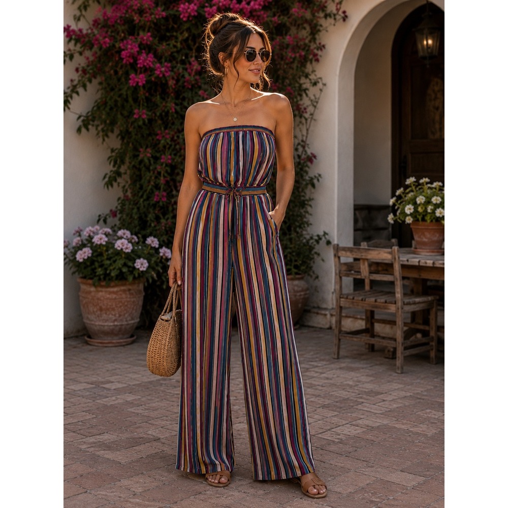 Guess Los Angeles Strapless Striped Wide Leg Jumpsuit Pink Blue Small